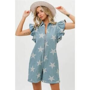 BiBi Ruffled Star Denim Half Zip Romper Blue Jean Size S